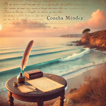 Escena poética inspirada en Concha Méndez - Poesía y paisaje marino Ilustración de un paisaje marino al atardecer con una pluma y pergamino, inspirada en la poeta española Concha Méndez